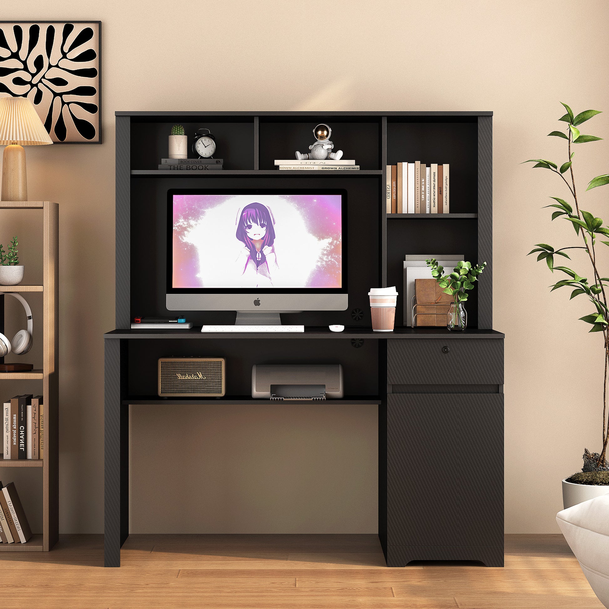 Computer Desk With Hutch & Bookshelf,Wood Executive Desk Teens Student Desk Writing Laptop Home Office Desk With Drawers,3 AC Outlets And 2 USB Charging Ports,Study Laptop Table For Home